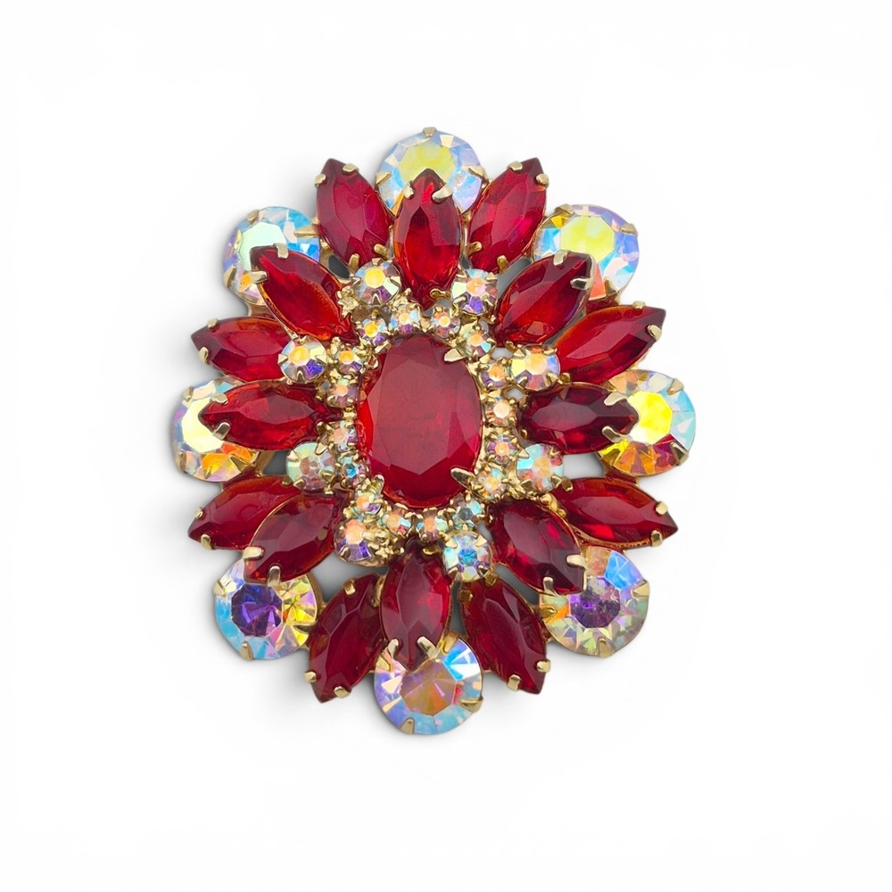 Vintage Juliana DeLizza Elster Siam Red Aurora Borealis Rhinestone Brooch 8025